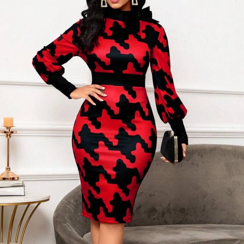 NEW Houndstooth print bodycon red dress